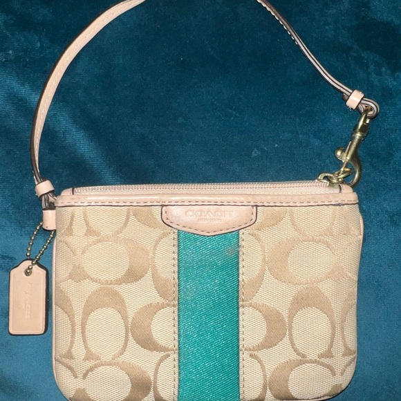 Vintage Coach Signature Stripe 4 x 6 1/4 Wristlet in Tan Signature w/Teal Stripe - Picture 2 of 5